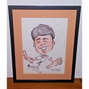 Vintage Sketch Drawing on Paper ?Man in office Mid Century FRAMED wood 19"x15"